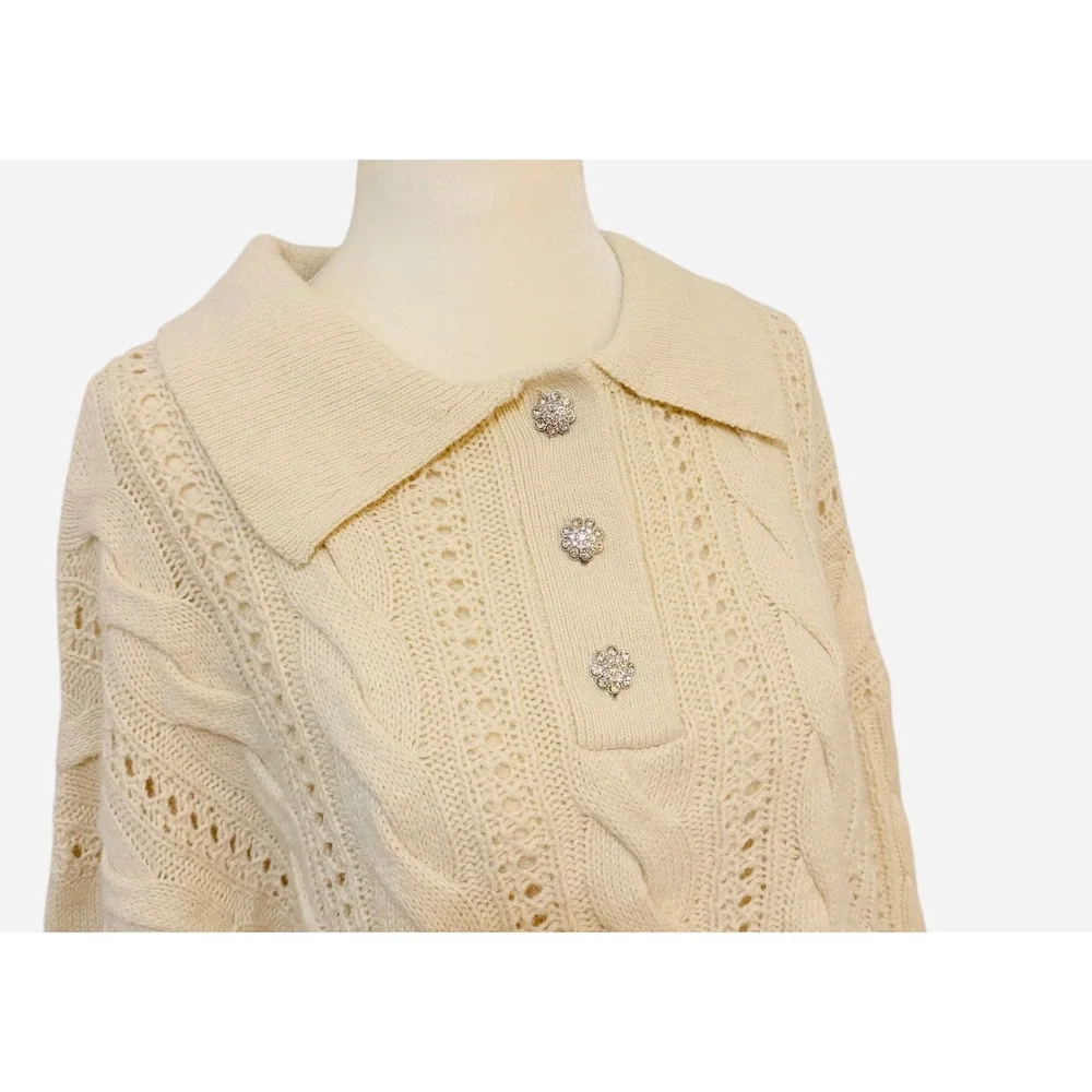 Cleo XXL Cream Cable Knit Collared Sweater with Rhinestone Buttons - Picture 4 of 9